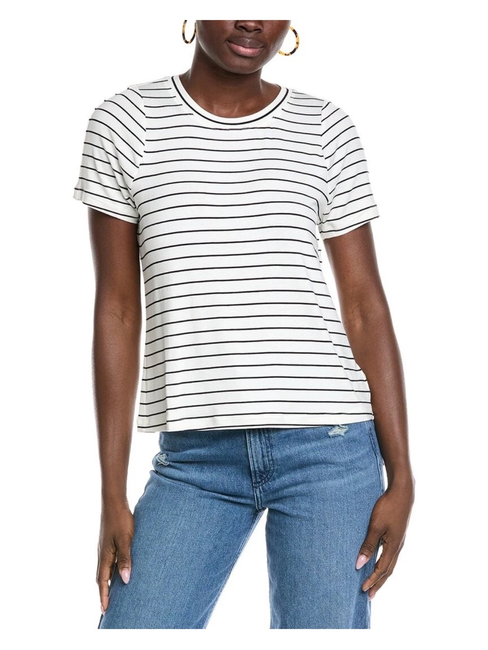 CAbi White Short-Sleeve Striped Crewneck Tee with Black Lines